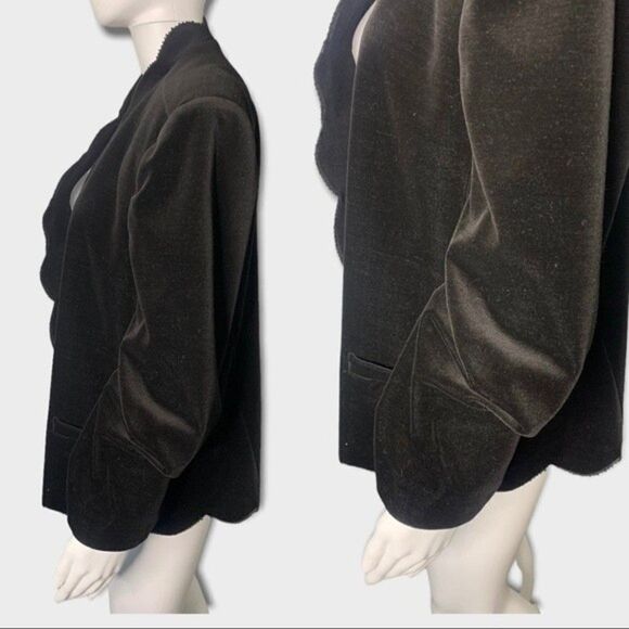 Vintage Accent Blazer Women's Large Scalloped Edge Black Velvet Hipster Jacket - Picture 3 of 9